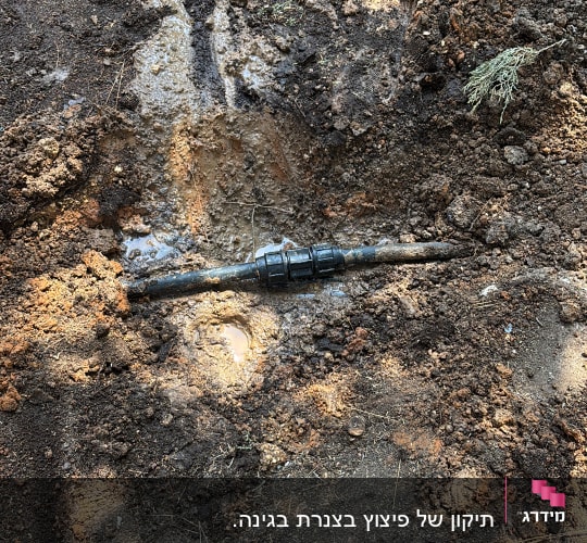 כלי עבודה וצינור מים באדמה רטובה